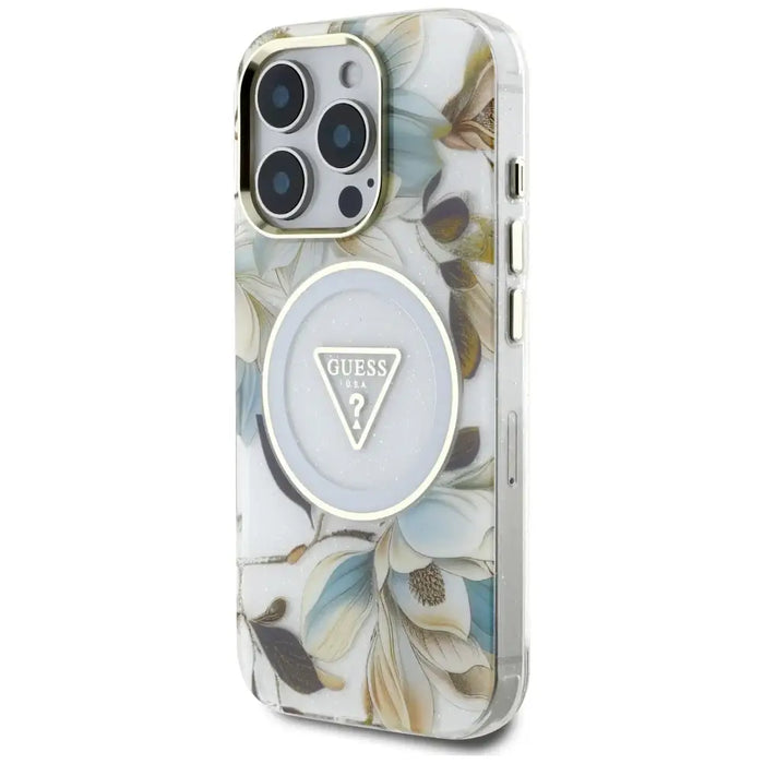 Guess Glitter Flowers Triangle Buttons MagSafe Case for iPhone 16 Pro Max White - Cell phone cases