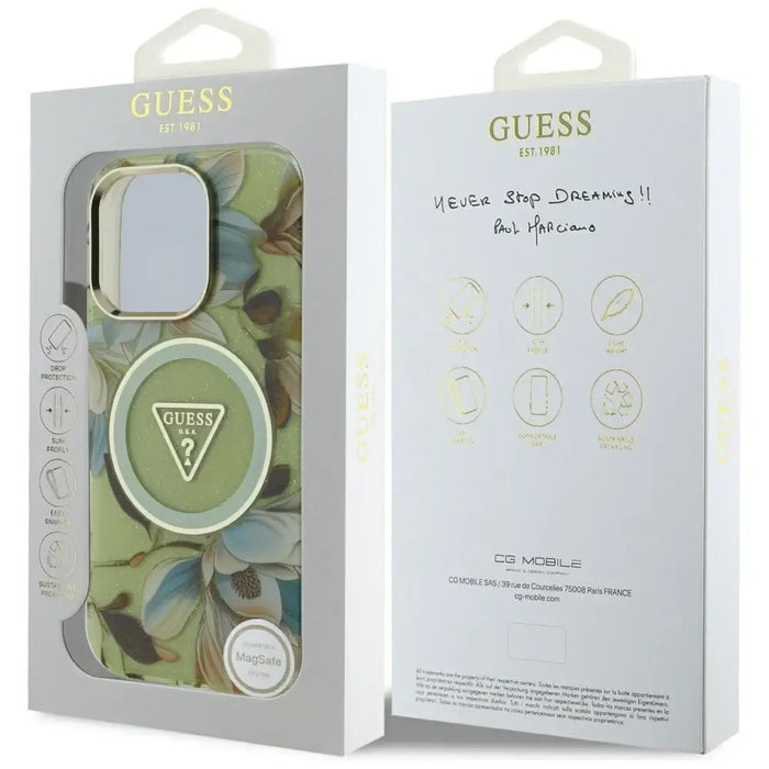 Guess Glitter Flowers Triangle Buttons MagSafe case for iPhone 16 Pro Max green - Cell phone cases