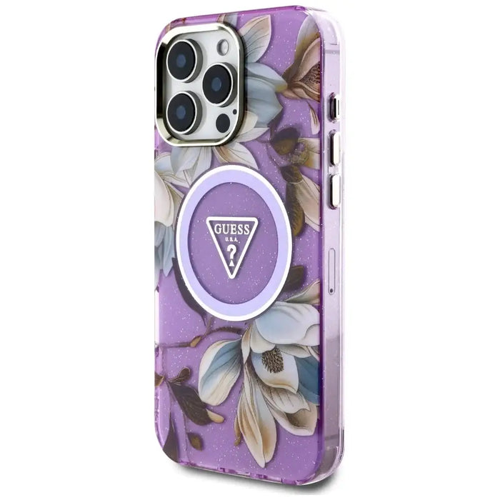 Guess Glitter Flowers Triangle Buttons MagSafe Case for iPhone 16 Pro Max Purple - Cell phone cases