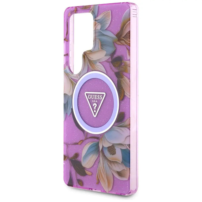 Guess Glitter Flowers Triangle Buttons MagSafe case for Samsung Galaxy S25 Ultra - purple - Cell phone cases