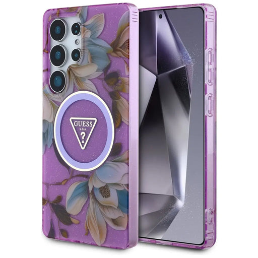 Guess Glitter Flowers Triangle Buttons MagSafe case for Samsung Galaxy S25 Ultra - purple - Cell phone cases