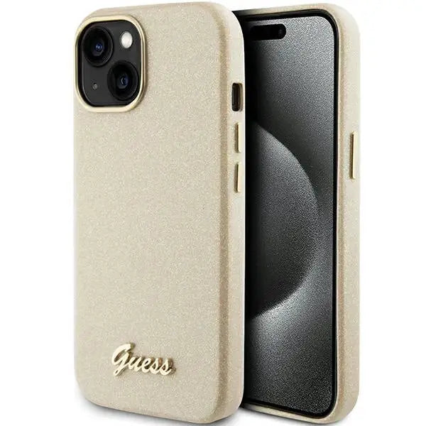 Guess Glitter Glossy Script case for iPhone 15 - gold - Cell phone cases and covers<<<HurtelXML