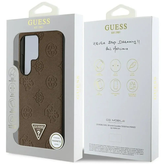 Guess Grained Hot Stamp Peony Pattern Triangle Logo MagSafe Case for Samsung Galaxy S25 Ultra - Brown - Cell phone