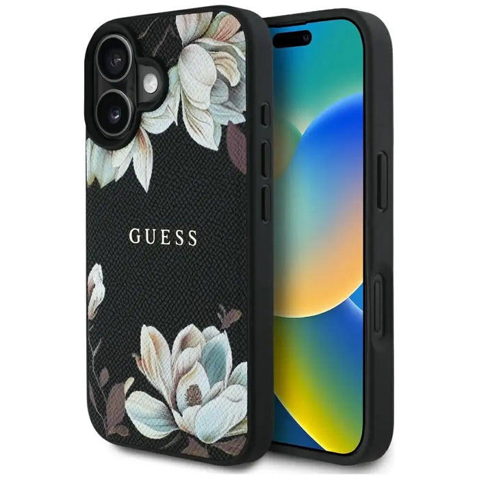 Guess Grained Printed Flower Pattern MagSafe case for iPhone 16 black - Cell phone cases and covers<<<HurtelXML