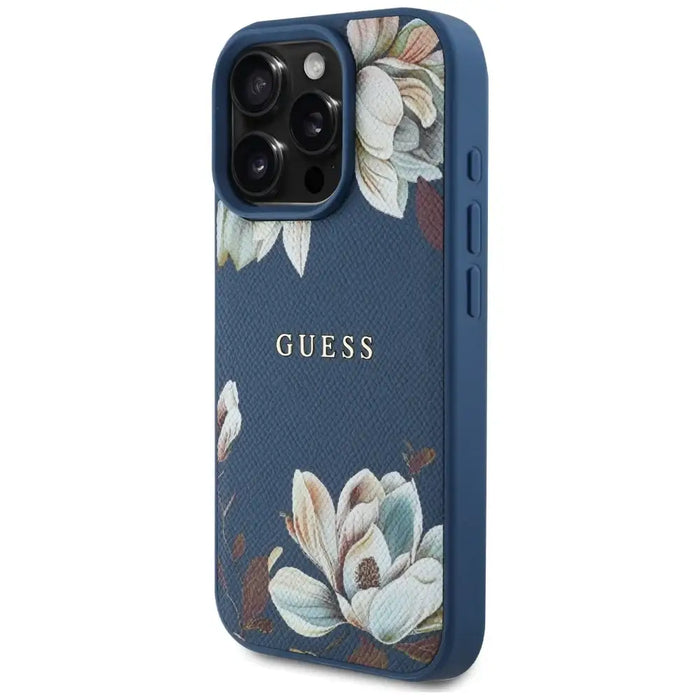 Guess Grained Printed Flower Pattern MagSafe case for iPhone 16 Pro Max blue - Cell phone cases and covers<<<HurtelXML