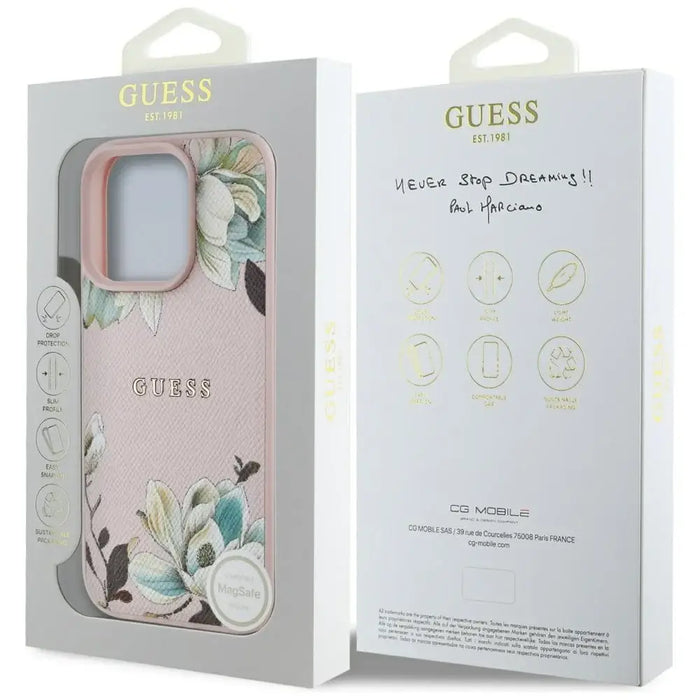 Guess Grained Printed Flower Pattern MagSafe Case for iPhone 16 Pro Pink - Cell phone cases and covers<<<HurtelXML