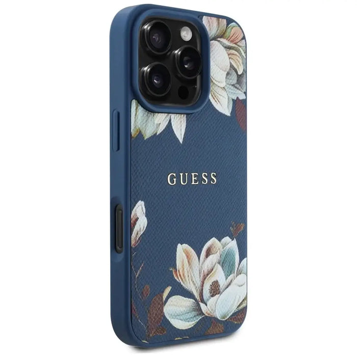 Guess Grained Printed Flower Pattern MagSafe case for iPhone 16 Pro blue - Cell phone cases and covers<<<HurtelXML