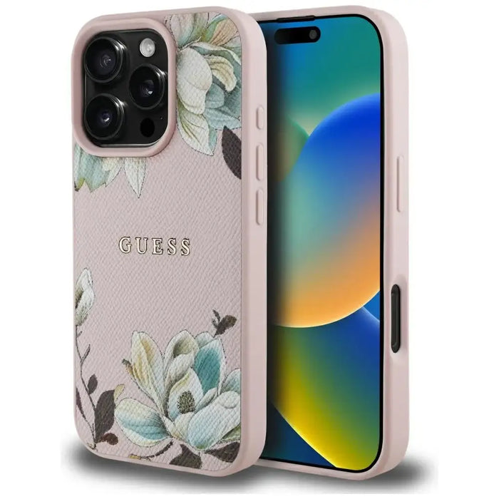 Guess Grained Printed Flower Pattern MagSafe Case for iPhone 16 Pro Max Pink - Cell phone cases and covers<<<HurtelXML