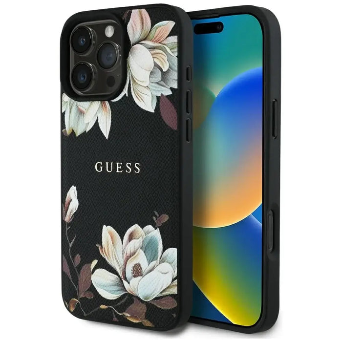 Guess Grained Printed Flower Pattern MagSafe case for iPhone 16 Pro Max black - Cell phone cases and covers<<<HurtelXML