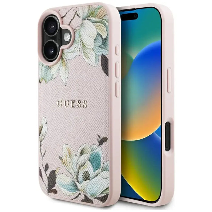 Guess Grained Printed Flower Pattern MagSafe iPhone 16 Case Pink - Cell phone cases and covers<<<HurtelXML