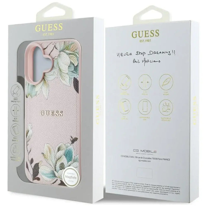 Guess Grained Printed Flower Pattern MagSafe iPhone 16 Case Pink - Cell phone cases and covers<<<HurtelXML