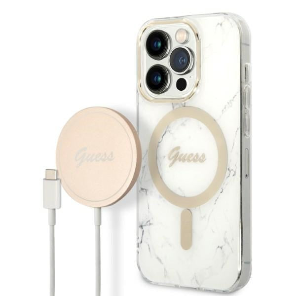 Guess GUBPP14LHMEACSH Case+ Charger Set iPhone 14 Pro 6.1’’ white/white hard case Marble MagSafe - Cell phone cases
