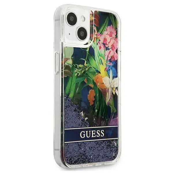 Guess GUHCP13SLFLSB iPhone 13 mini 5.4’’ blue/blue hardcase Flower Liquid Glitter - Cell phone cases