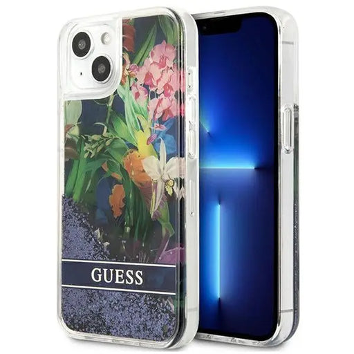 Guess GUHCP13SLFLSB iPhone 13 mini 5.4’’ blue/blue hardcase Flower Liquid Glitter - Cell phone cases