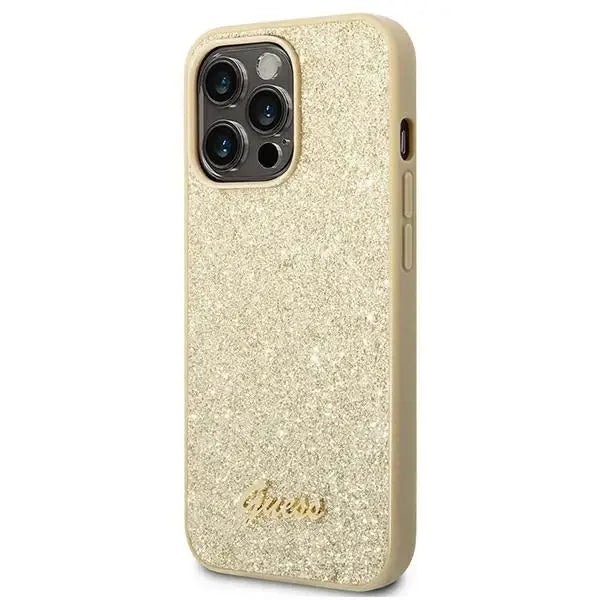 Guess GUHCP14XHGGSHD iPhone 14 Pro Max 6,7’’ złoty/gold hard case Glitter Script - Cell phone cases