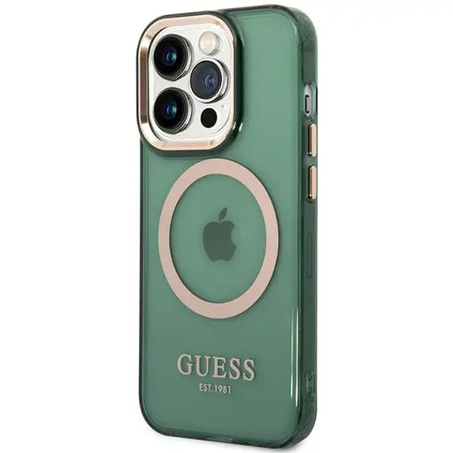 Guess GUHMP14XHTCMA iPhone 14 Pro Max 6.7’’ green/khaki hard case Gold Outline Translucent MagSafe - Cell phone cases