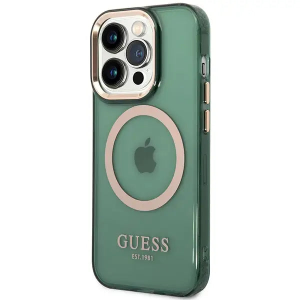 Guess GUHMP14XHTCMA iPhone 14 Pro Max 6.7’’ green/khaki hard case Gold Outline Translucent MagSafe - Cell phone cases