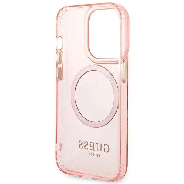 Guess GUHMP14XHTCMP iPhone 14 Pro Max 6.7’’ pink/pink hard case Gold Outline Translucent MagSafe - Cell phone cases
