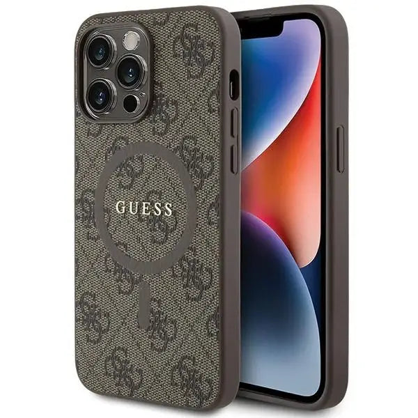 Guess GUHMP15XG4GFRW iPhone 15 Pro Max 6.7’’ brown/brown hardcase 4G Collection Leather Metal Logo MagSafe - Cell phone
