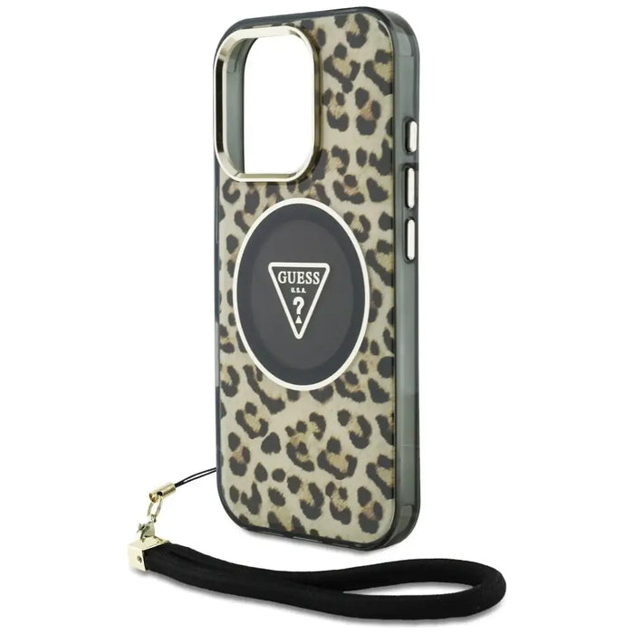 Guess HC IML Leopard Triangle Cord Strap MagSafe Case for iPhone 16 Pro Max - Brown - Cell phone cases
