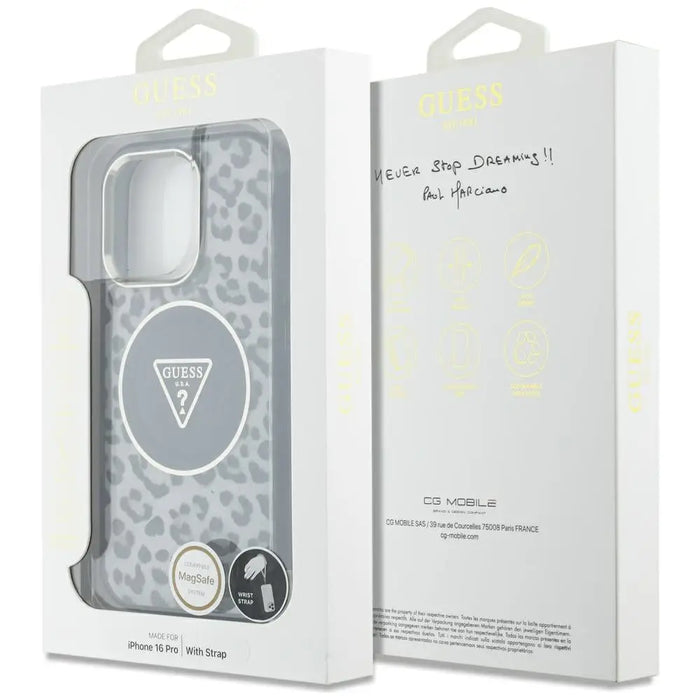 Guess HC IML Leopard Triangle Cord Strap MagSafe Case for iPhone 16 Pro - Black - Cell phone cases