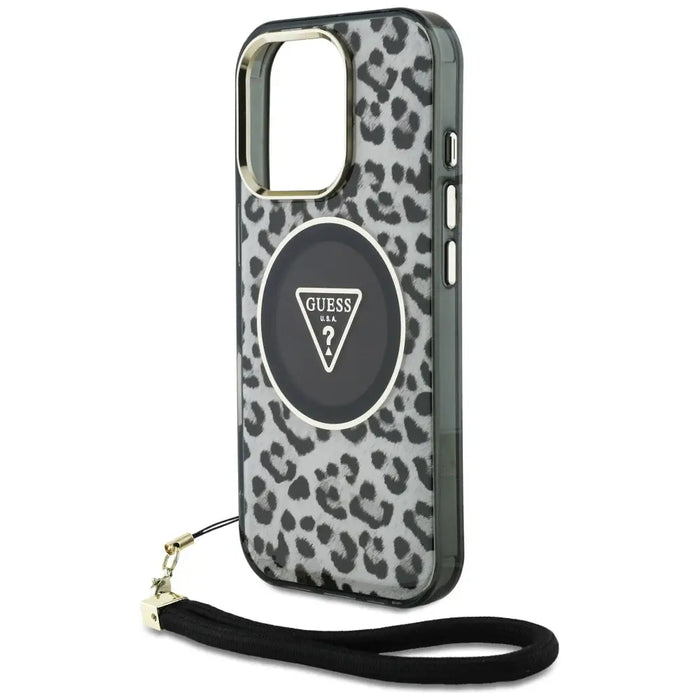 Guess HC IML Leopard Triangle Cord Strap MagSafe Case for iPhone 16 Pro - Black - Cell phone cases