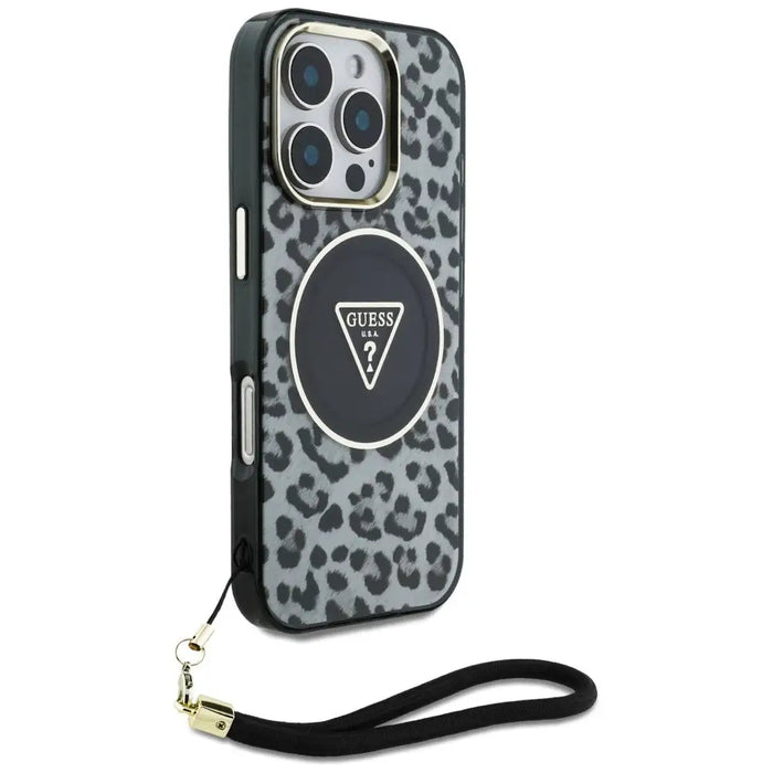 Guess HC IML Leopard Triangle Cord Strap MagSafe Case for iPhone 16 Pro - Black - Cell phone cases