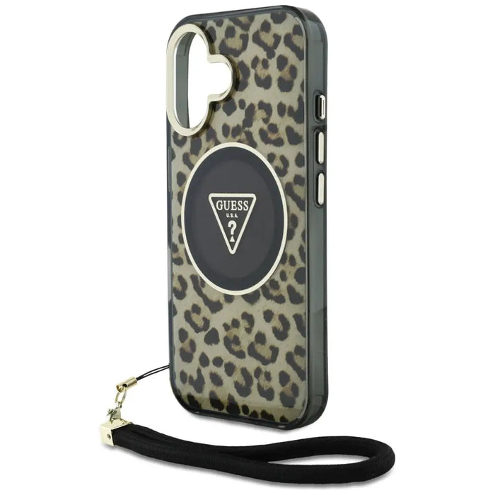 Guess HC IML Leopard Triangle Cord Strap MagSafe iPhone 16 Case - Brown - Cell phone cases and covers<<<HurtelXML