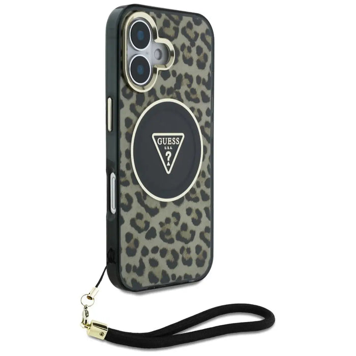 Guess HC IML Leopard Triangle Cord Strap MagSafe iPhone 16 Case - Brown - Cell phone cases and covers<<<HurtelXML