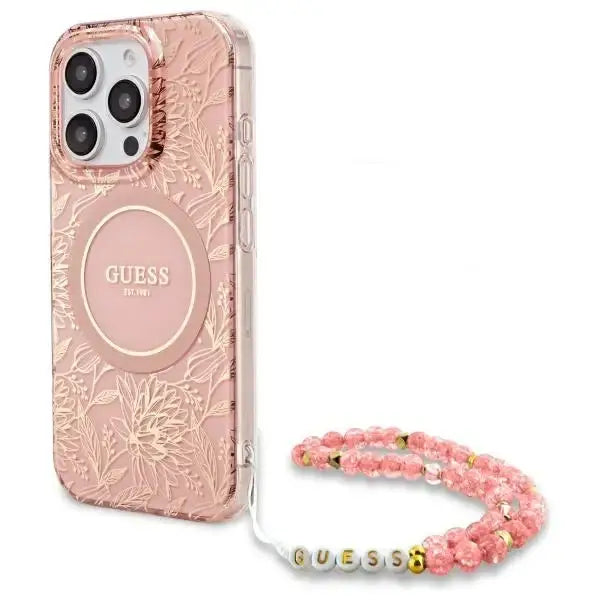 Guess IML Flowers Allover Electro With Pearl Strap MagSafe case for iPhone 16 Pro - pink - Cell phone cases