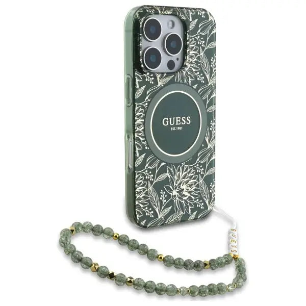 Guess IML Flowers Allover Electro With Pearl Strap MagSafe case for iPhone 16 Pro Max - green - Cell phone cases