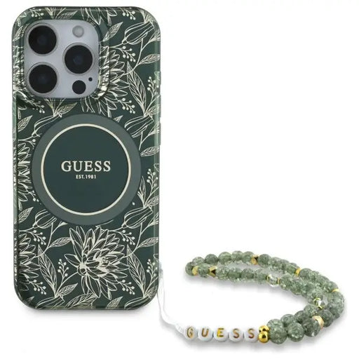 Guess IML Flowers Allover Electro With Pearl Strap MagSafe case for iPhone 16 Pro Max - green - Cell phone cases