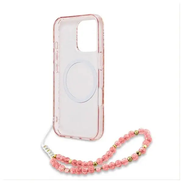 Guess IML Flowers Allover Electro With Pearl Strap MagSafe case for iPhone 16 Pro - pink - Cell phone cases