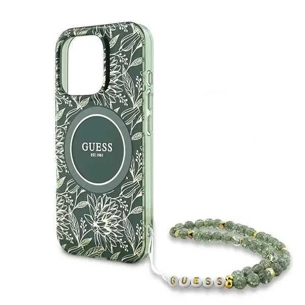 Guess IML Flowers Allover Electro With Pearl Strap MagSafe case for iPhone 16 Pro - green - Cell phone cases