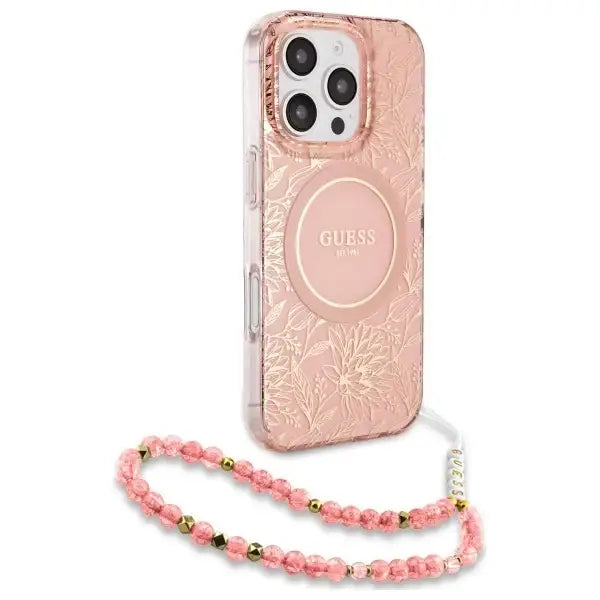 Guess IML Flowers Allover Electro With Pearl Strap MagSafe case for iPhone 16 Pro - pink - Cell phone cases