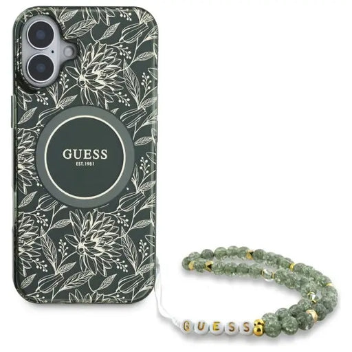 Guess IML Flowers Allover Electro With Pearl Strap MagSafe case for iPhone 16 Plus - green - Cell phone cases