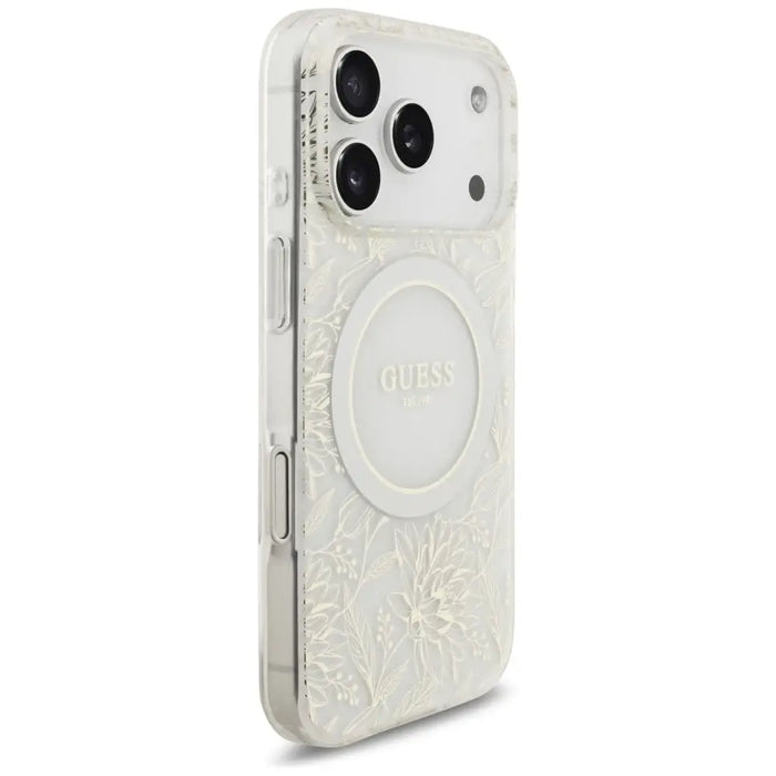 Guess IML Flowers Electro Pearl Strap MagSafe Case for iPhone 17 Pro - White - Cell phone cases and covers<<<HurtelXML