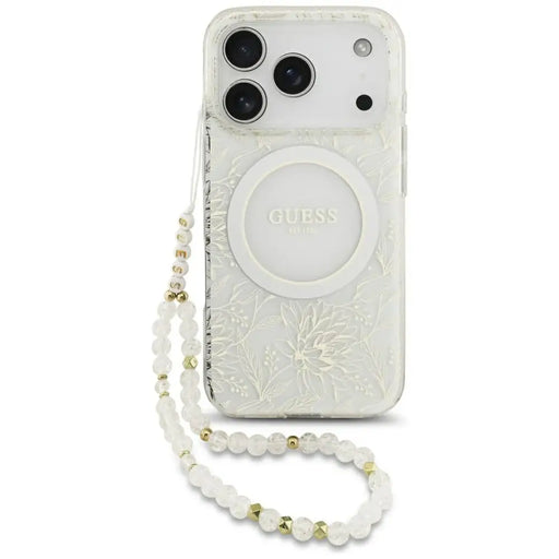 Guess IML Flowers Electro Pearl Strap MagSafe Case for iPhone 17 Pro - White - Cell phone cases and covers<<<HurtelXML