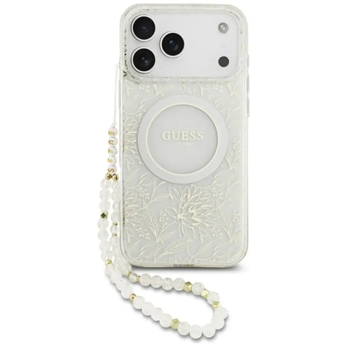 Guess IML Flowers Electro Pearl Strap MagSafe Case for iPhone 17 Pro Max - White - Cell phone cases