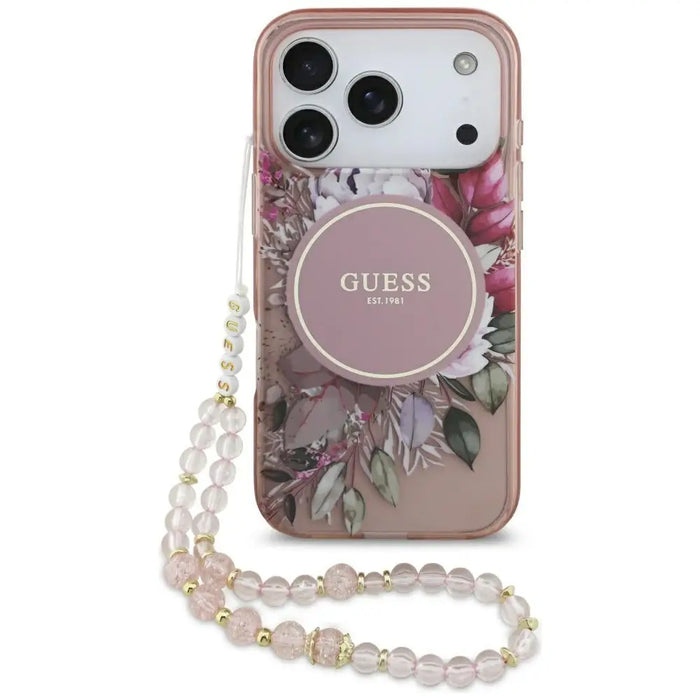 Guess IML Flowers Pearl Strap MagSafe Case for iPhone 17 Pro - Pink - Cell phone cases and covers<<<HurtelXML