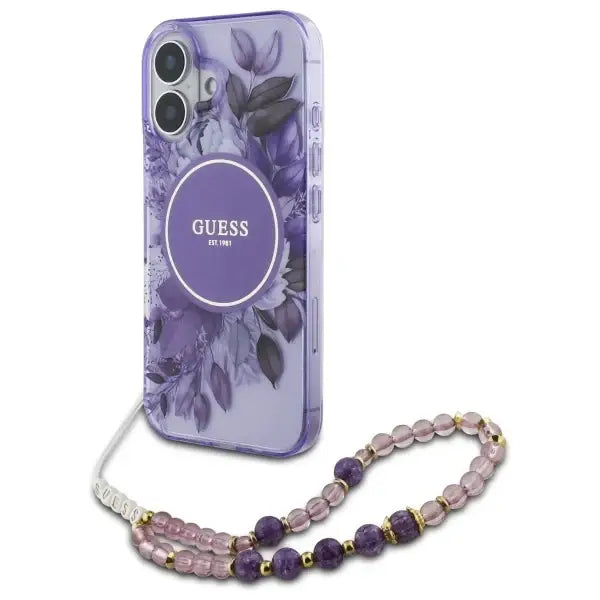 Guess IML Flowers With Pearl Strap MagSafe case for iPhone 16 Plus - purple - Cell phone cases and covers<<<HurtelXML