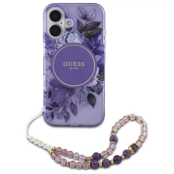 Guess IML Flowers With Pearl Strap MagSafe case for iPhone 16 Plus - purple - Cell phone cases and covers<<<HurtelXML