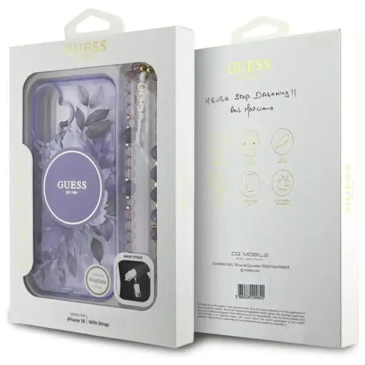 Guess IML Flowers With Pearl Strap MagSafe case for iPhone 16 Plus - purple - Cell phone cases and covers<<<HurtelXML