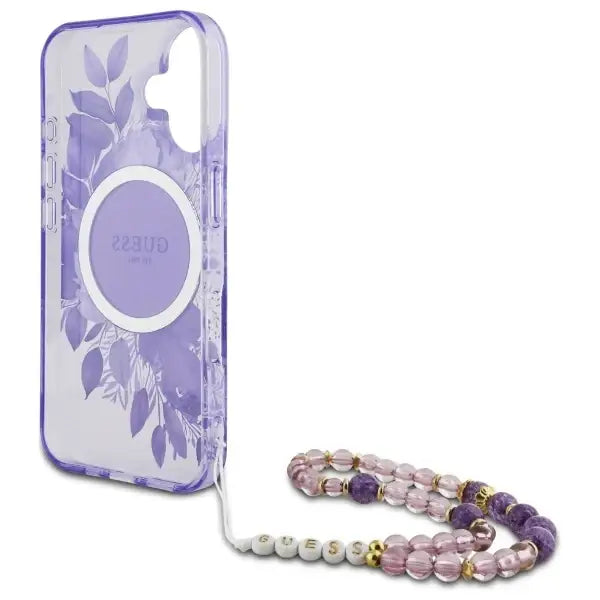 Guess IML Flowers With Pearl Strap MagSafe case for iPhone 16 Plus - purple - Cell phone cases and covers<<<HurtelXML