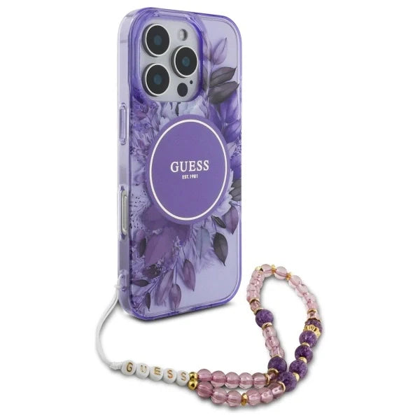 Guess IML Flowers With Pearl Strap MagSafe case for iPhone 16 Pro Max - purple - Cell phone cases and covers<<<HurtelXML