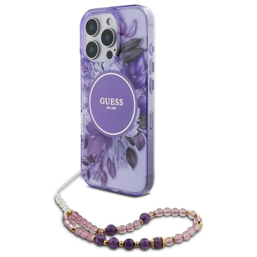 Guess IML Flowers With Pearl Strap MagSafe case for iPhone 16 Pro Max - purple - Cell phone cases and covers<<<HurtelXML
