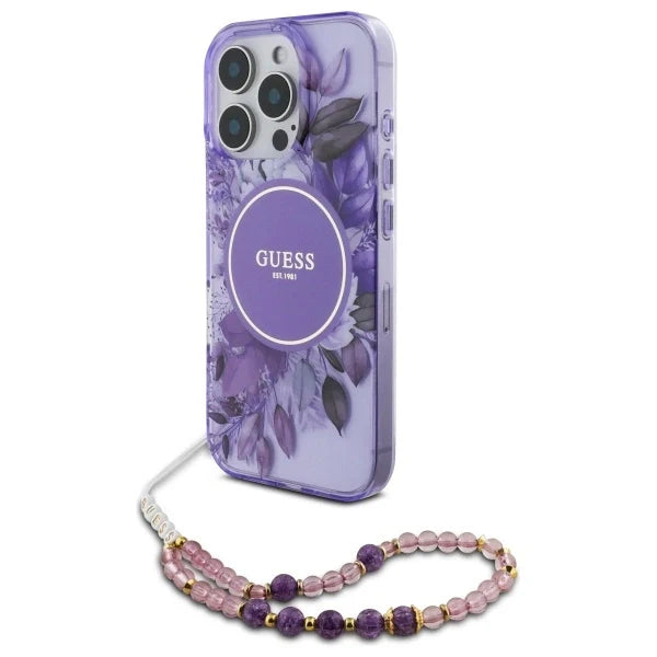 Guess IML Flowers With Pearl Strap MagSafe case for iPhone 16 Pro Max - purple - Cell phone cases and covers<<<HurtelXML