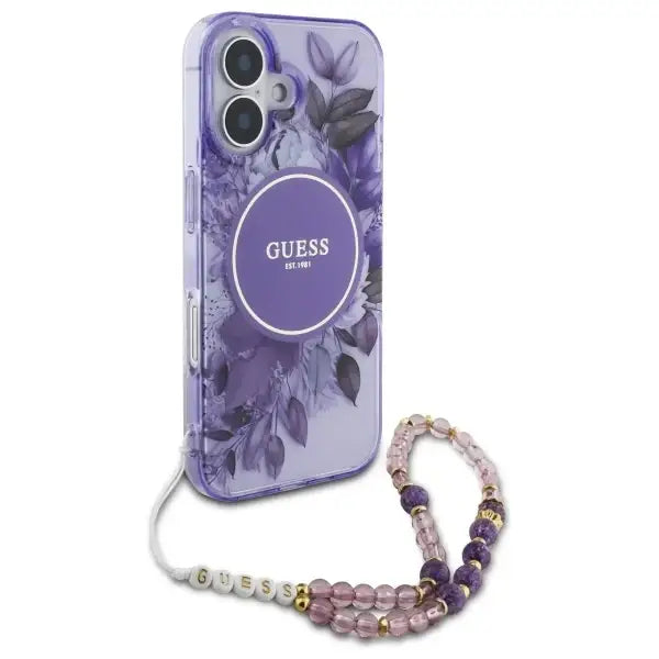 Guess IML Flowers With Pearl Strap MagSafe case for iPhone 16 - purple - Cell phone cases and covers<<<HurtelXML