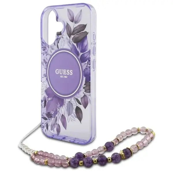 Guess IML Flowers With Pearl Strap MagSafe case for iPhone 16 - purple - Cell phone cases and covers<<<HurtelXML
