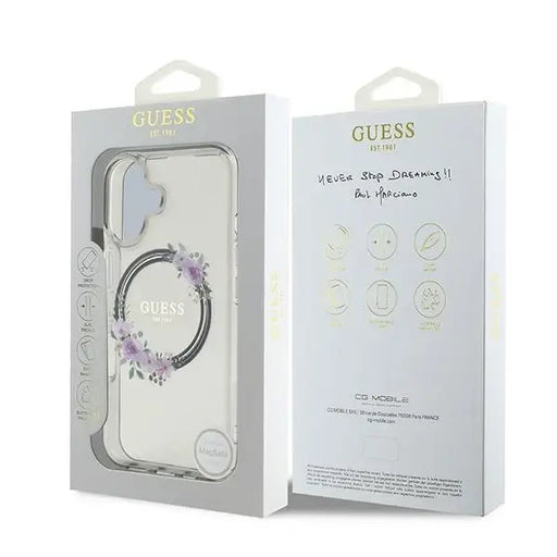 Guess IML Flowers Wreath MagSafe case for iPhone 16 - black - Cell phone cases and covers<<<HurtelXML
